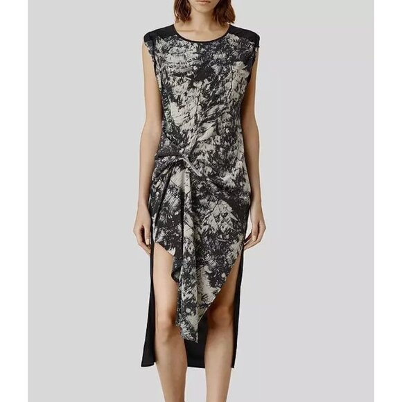 AllSaints Riviera Shade Silk Ruched Dress Tropical Leaf Black White Midi 2 - Picture 1 of 14
